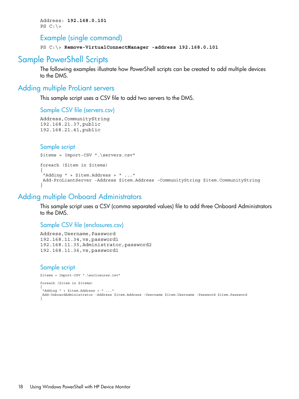 Sample powershell scripts, Adding multiple proliant servers, Adding multiple onboard administrators | Example (single command) | HP OneView for Microsoft System Center User Manual | Page 18 / 34