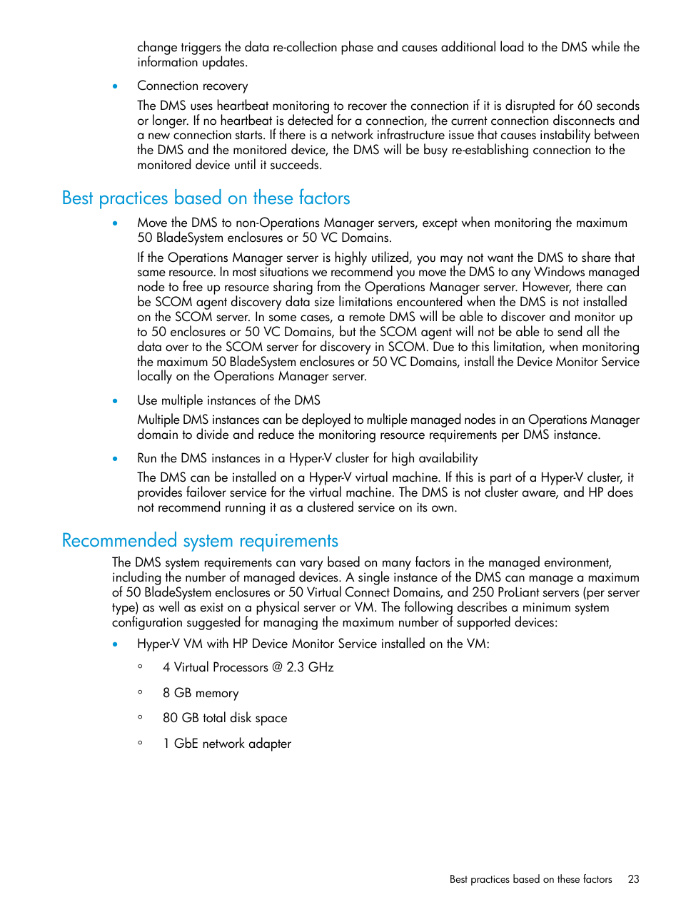 Best practices based on these factors, Recommended system requirements | HP OneView for Microsoft System Center User Manual | Page 23 / 34