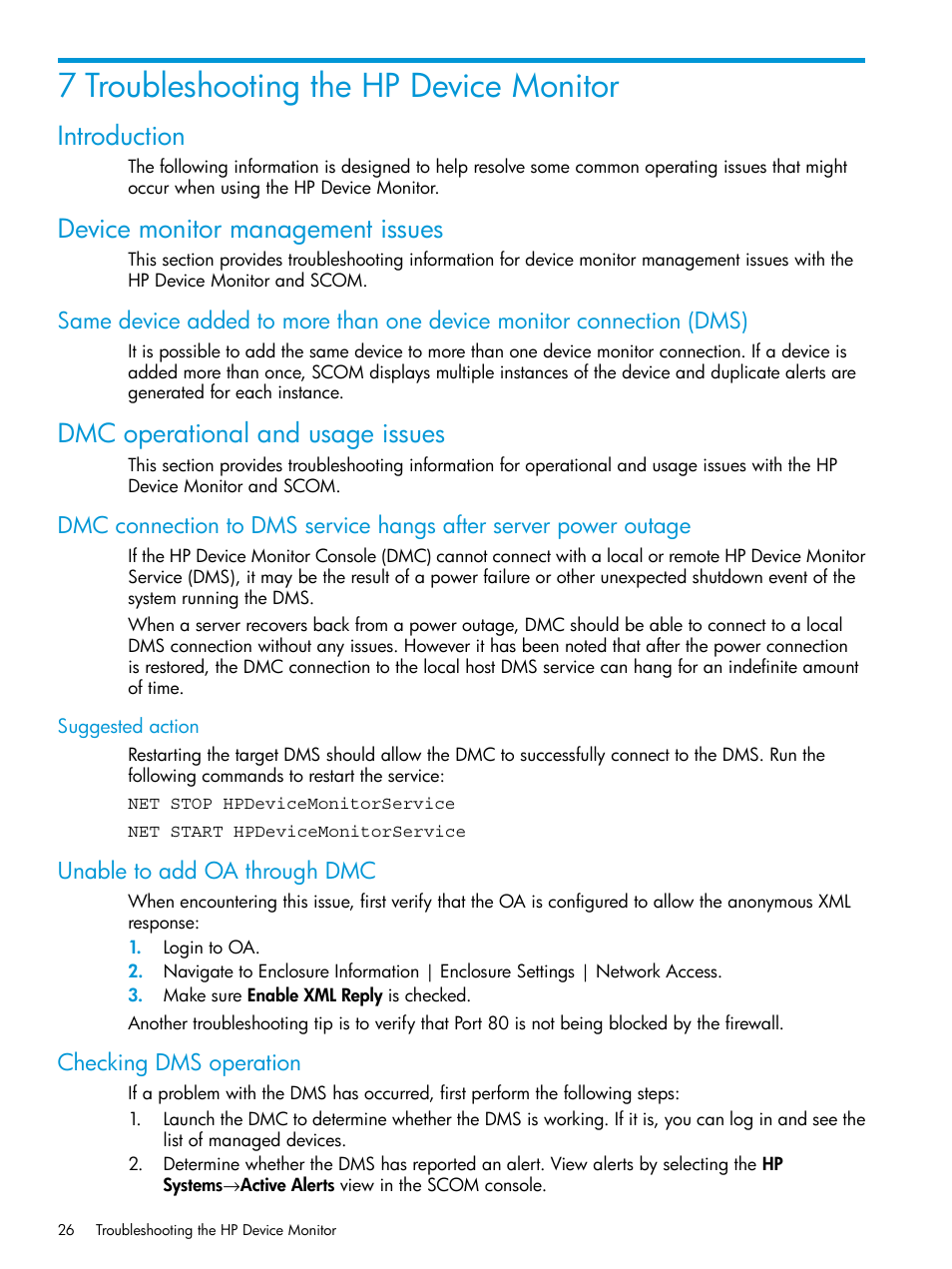 7 troubleshooting the hp device monitor, Introduction, Device monitor management issues | Dmc operational and usage issues, Suggested action, Unable to add oa through dmc, Checking dms operation, Introduction device monitor management issues | HP OneView for Microsoft System Center User Manual | Page 26 / 34