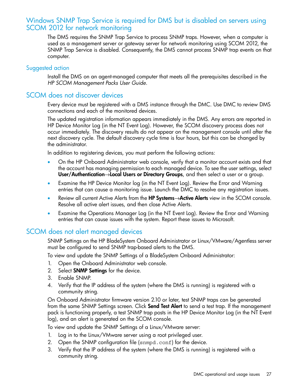 Suggested action, Scom does not discover devices, Scom does not alert managed devices | HP OneView for Microsoft System Center User Manual | Page 27 / 34