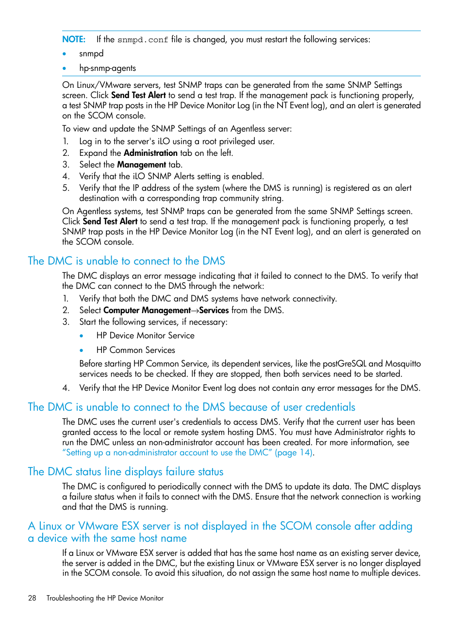 The dmc is unable to connect to the dms, The dmc status line displays failure status | HP OneView for Microsoft System Center User Manual | Page 28 / 34