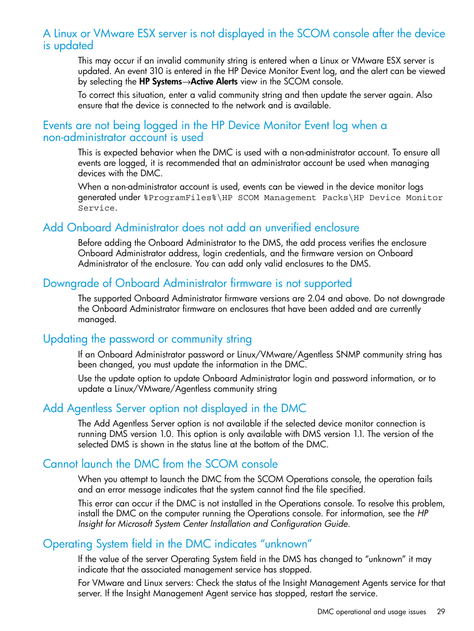Updating the password or community string, Cannot launch the dmc from the scom console | HP OneView for Microsoft System Center User Manual | Page 29 / 34