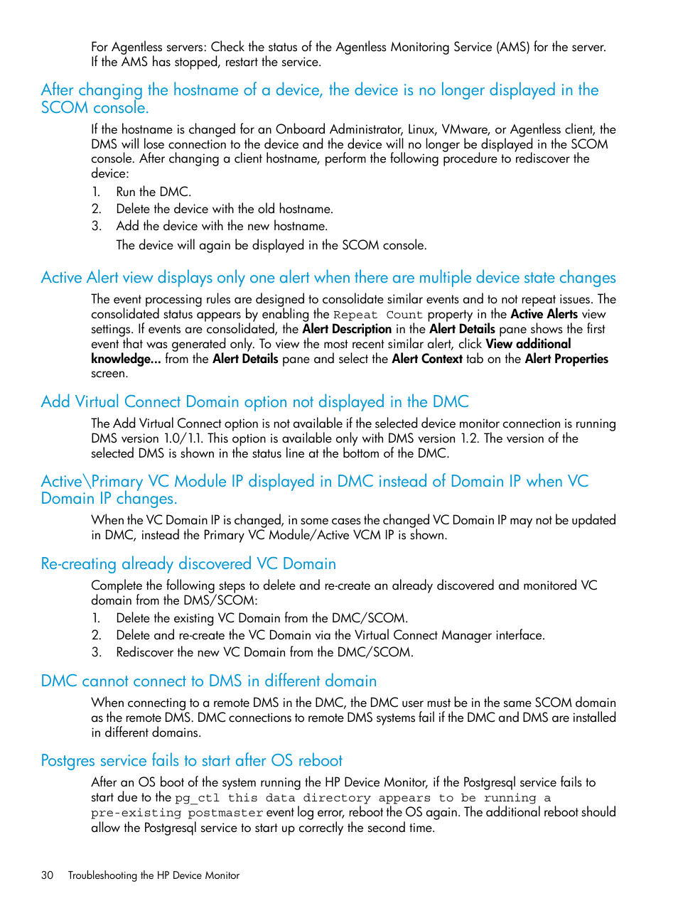 Re-creating already discovered vc domain, Dmc cannot connect to dms in different domain, Postgres service fails to start after os reboot | HP OneView for Microsoft System Center User Manual | Page 30 / 34