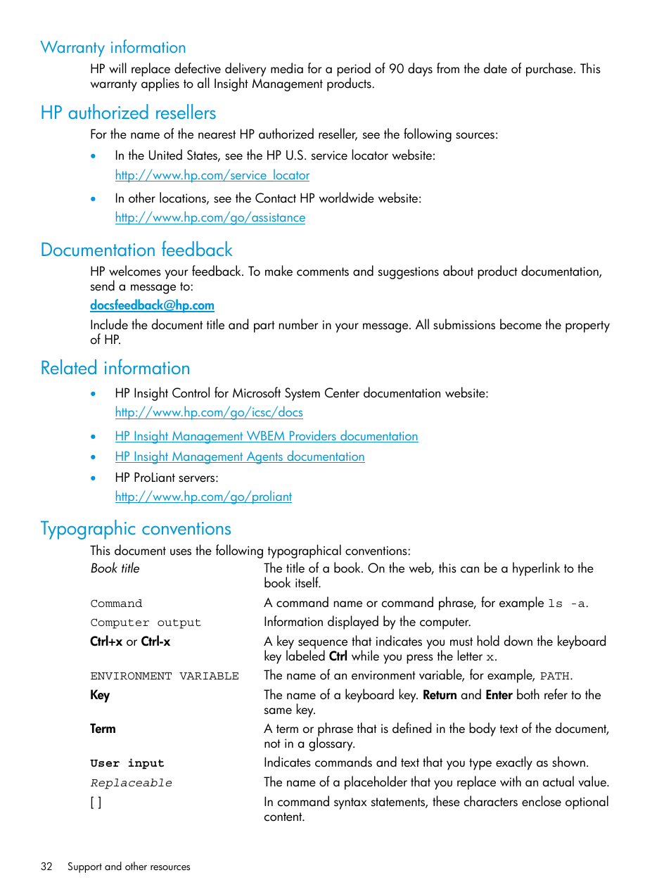 Warranty information, Hp authorized resellers, Documentation feedback | Related information, Typographic conventions | HP OneView for Microsoft System Center User Manual | Page 32 / 34