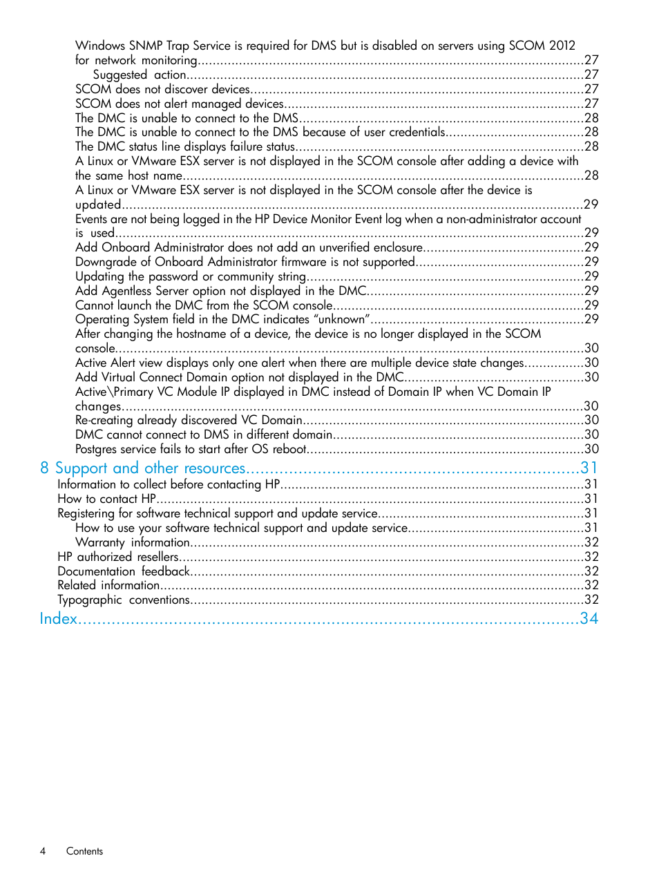 8 support and other resources, Index | HP OneView for Microsoft System Center User Manual | Page 4 / 34