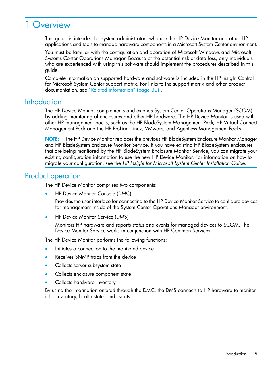 1 overview, Introduction, Product operation | Introduction product operation | HP OneView for Microsoft System Center User Manual | Page 5 / 34