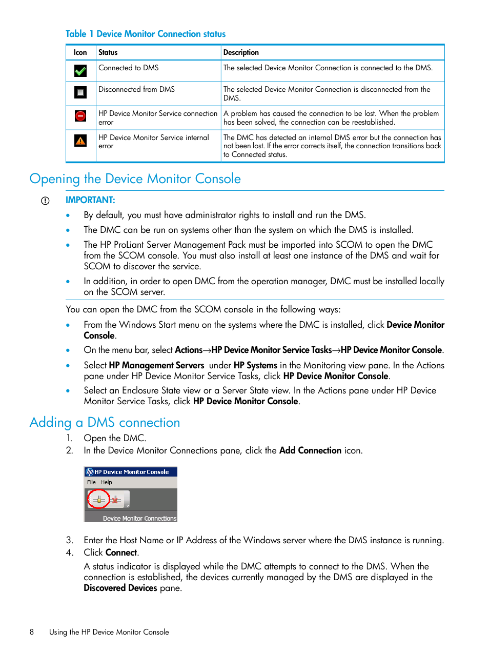 Opening the device monitor console, Adding a dms connection | HP OneView for Microsoft System Center User Manual | Page 8 / 34