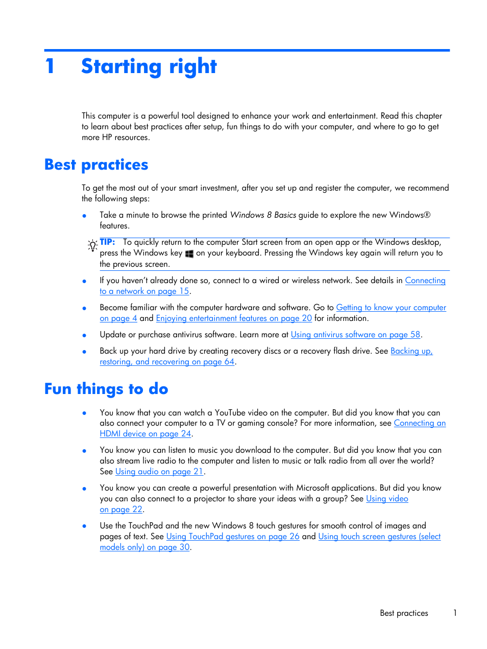 Starting right, Best practices, Fun things to do | 1 starting right, Best practices fun things to do | HP Pavilion Sleekbook 15-b041dx User Manual | Page 11 / 86