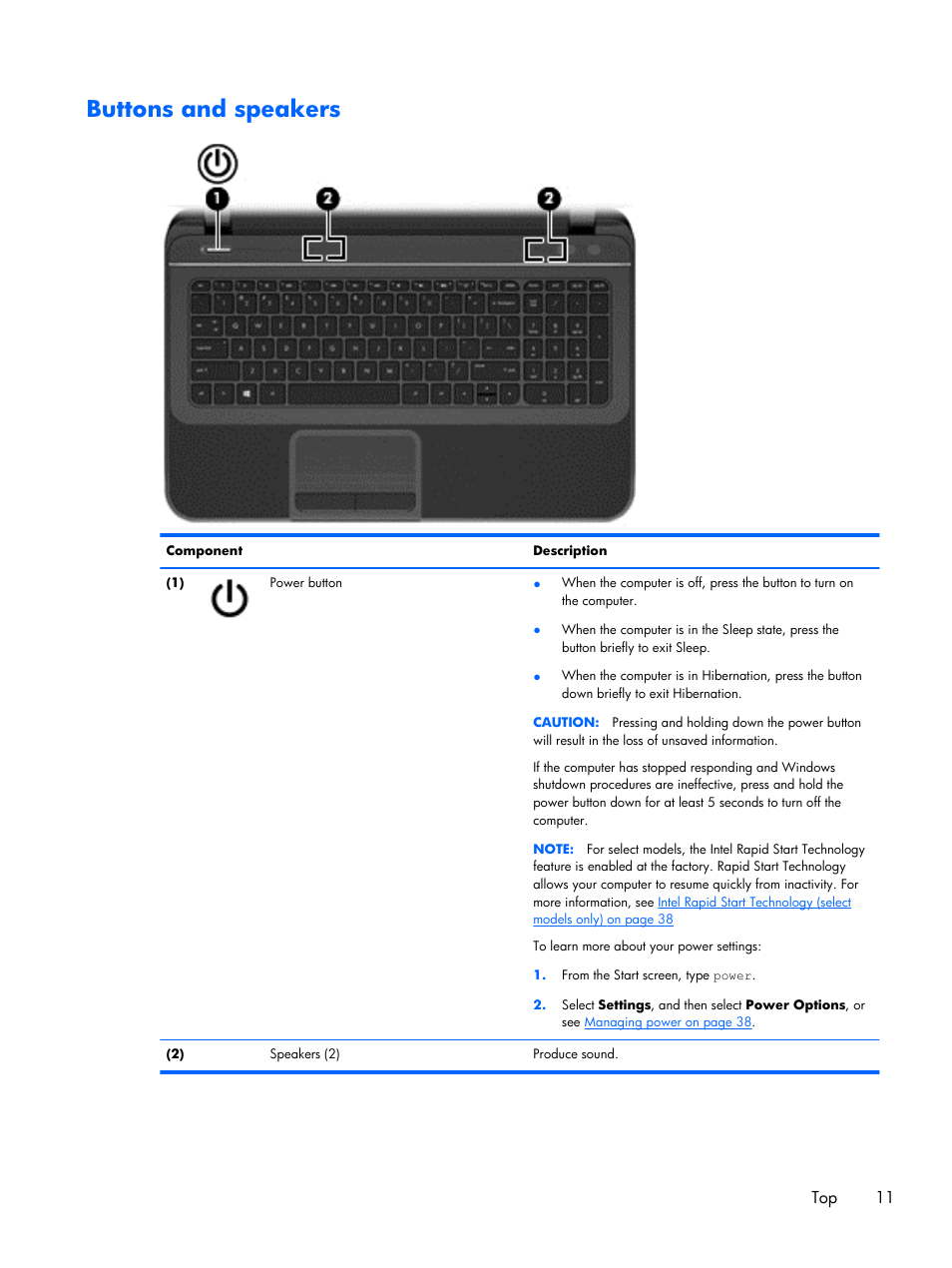 Buttons and speakers, Top 11 | HP Pavilion Sleekbook 15-b041dx User Manual | Page 21 / 86