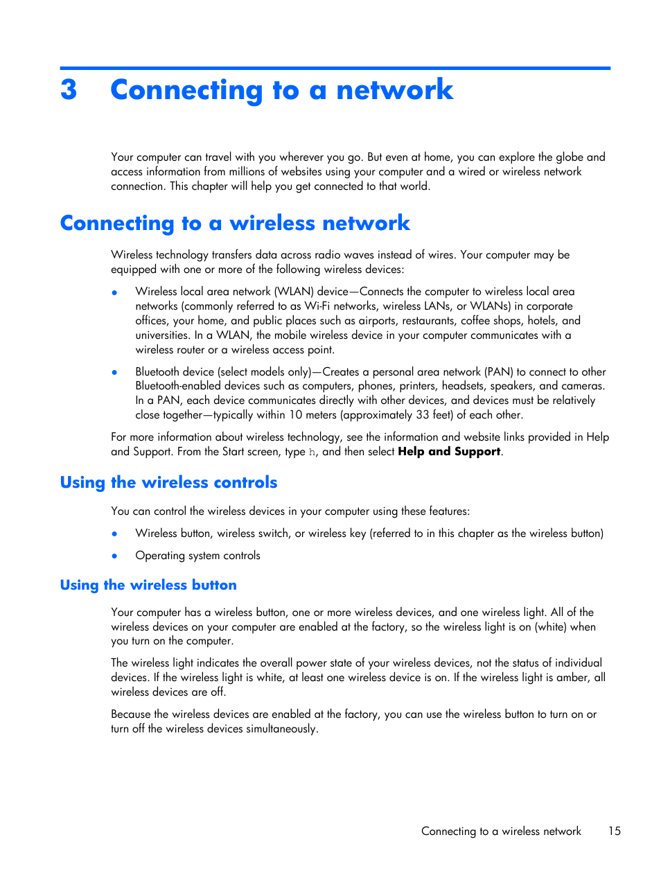 Connecting to a network, Connecting to a wireless network, Using the wireless controls | Using the wireless button, 3 connecting to a network, Connecting | HP Pavilion Sleekbook 15-b041dx User Manual | Page 25 / 86