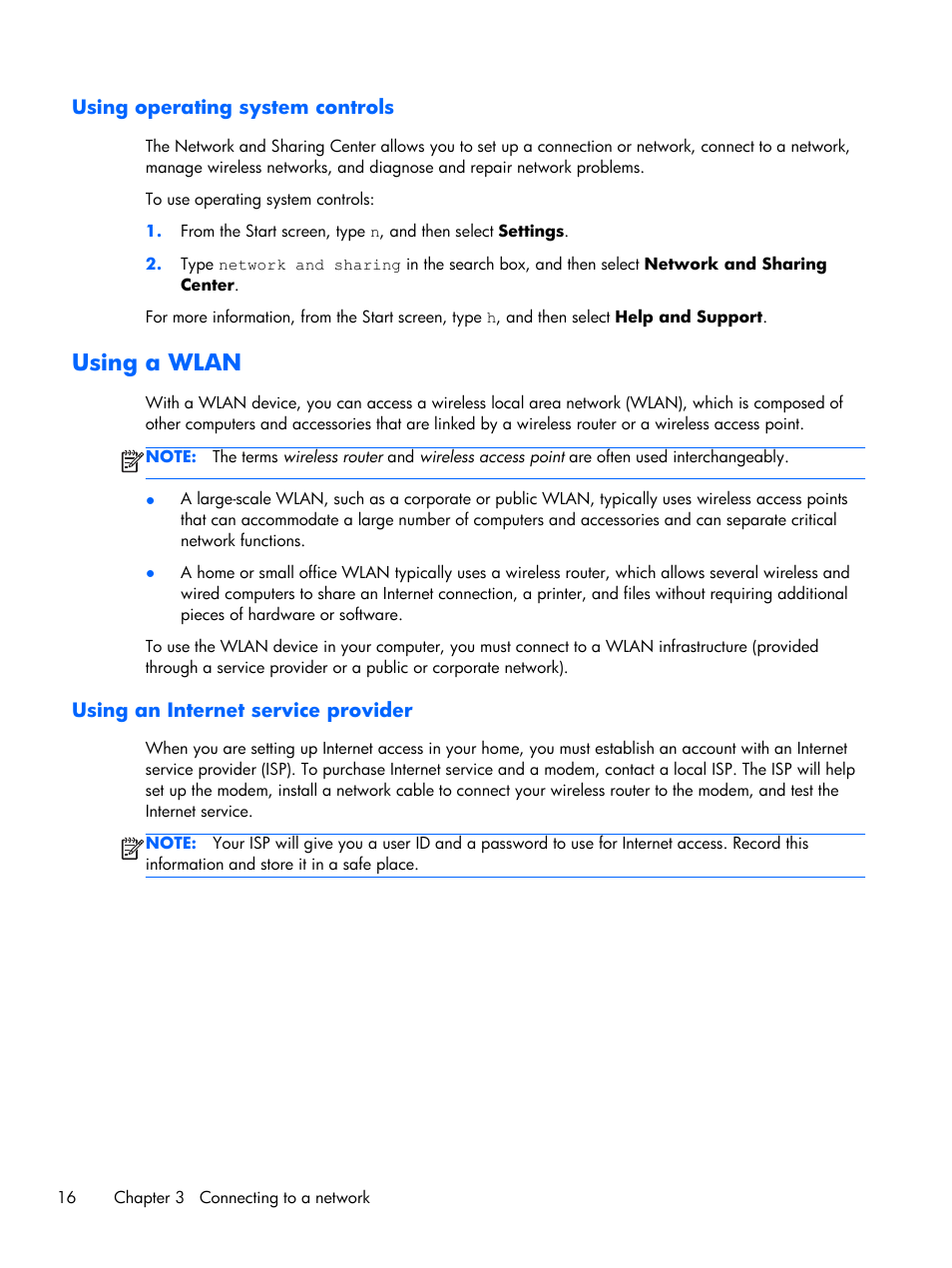 Using operating system controls, Using a wlan, Using an internet service provider | HP Pavilion Sleekbook 15-b041dx User Manual | Page 26 / 86