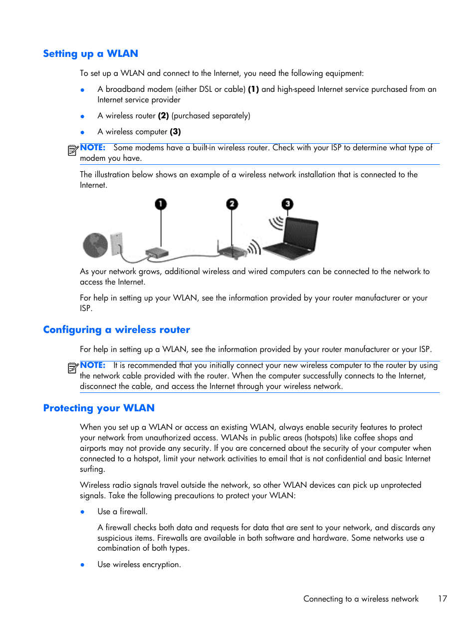 Setting up a wlan, Configuring a wireless router, Protecting your wlan | HP Pavilion Sleekbook 15-b041dx User Manual | Page 27 / 86