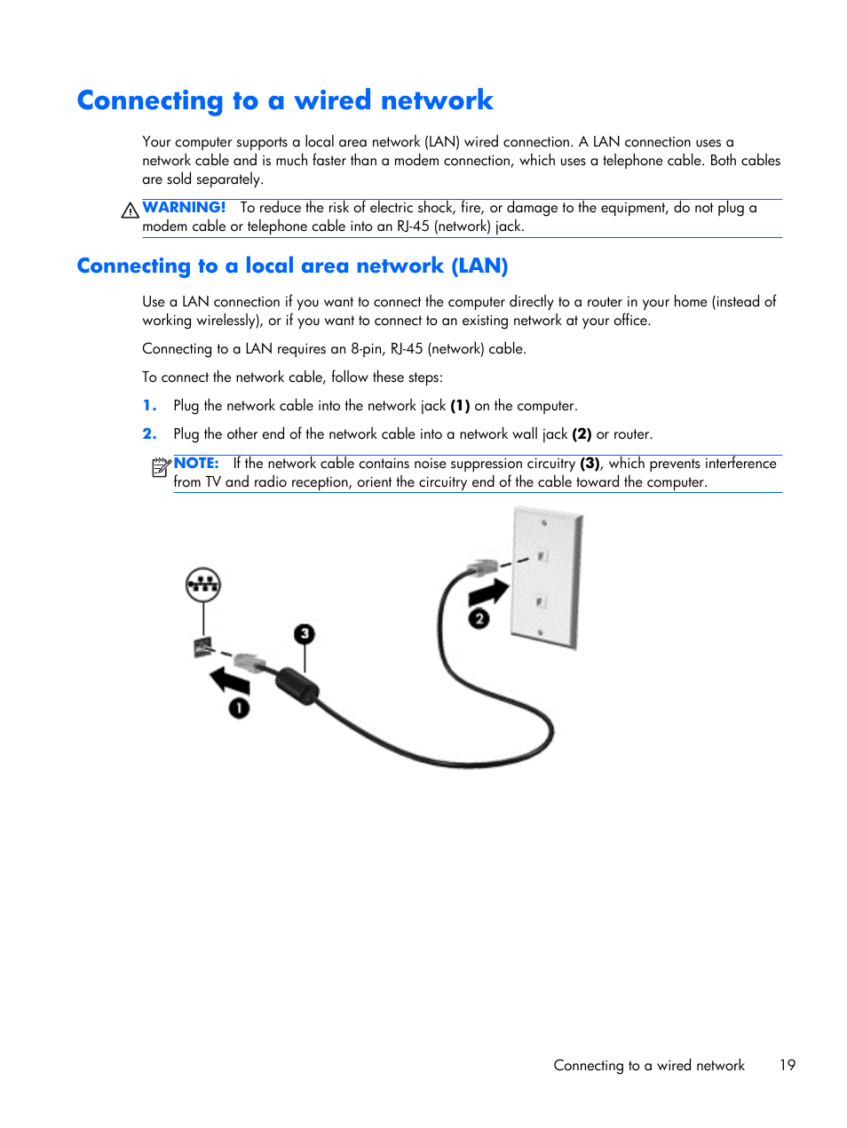 Connecting to a wired network, Connecting to a local area network (lan) | HP Pavilion Sleekbook 15-b041dx User Manual | Page 29 / 86