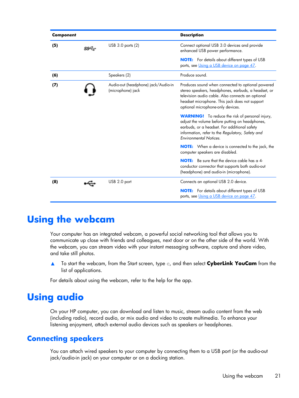 Using the webcam, Using audio, Connecting speakers | Using the webcam using audio | HP Pavilion Sleekbook 15-b041dx User Manual | Page 31 / 86