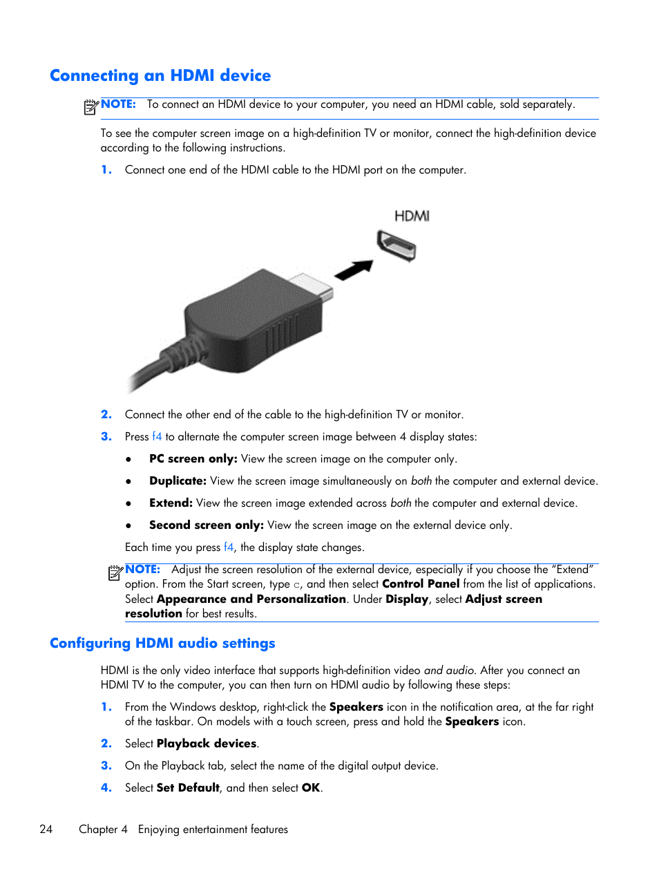 Connecting an hdmi device, Configuring hdmi audio settings, Rmation, see | Connecting an | HP Pavilion Sleekbook 15-b041dx User Manual | Page 34 / 86