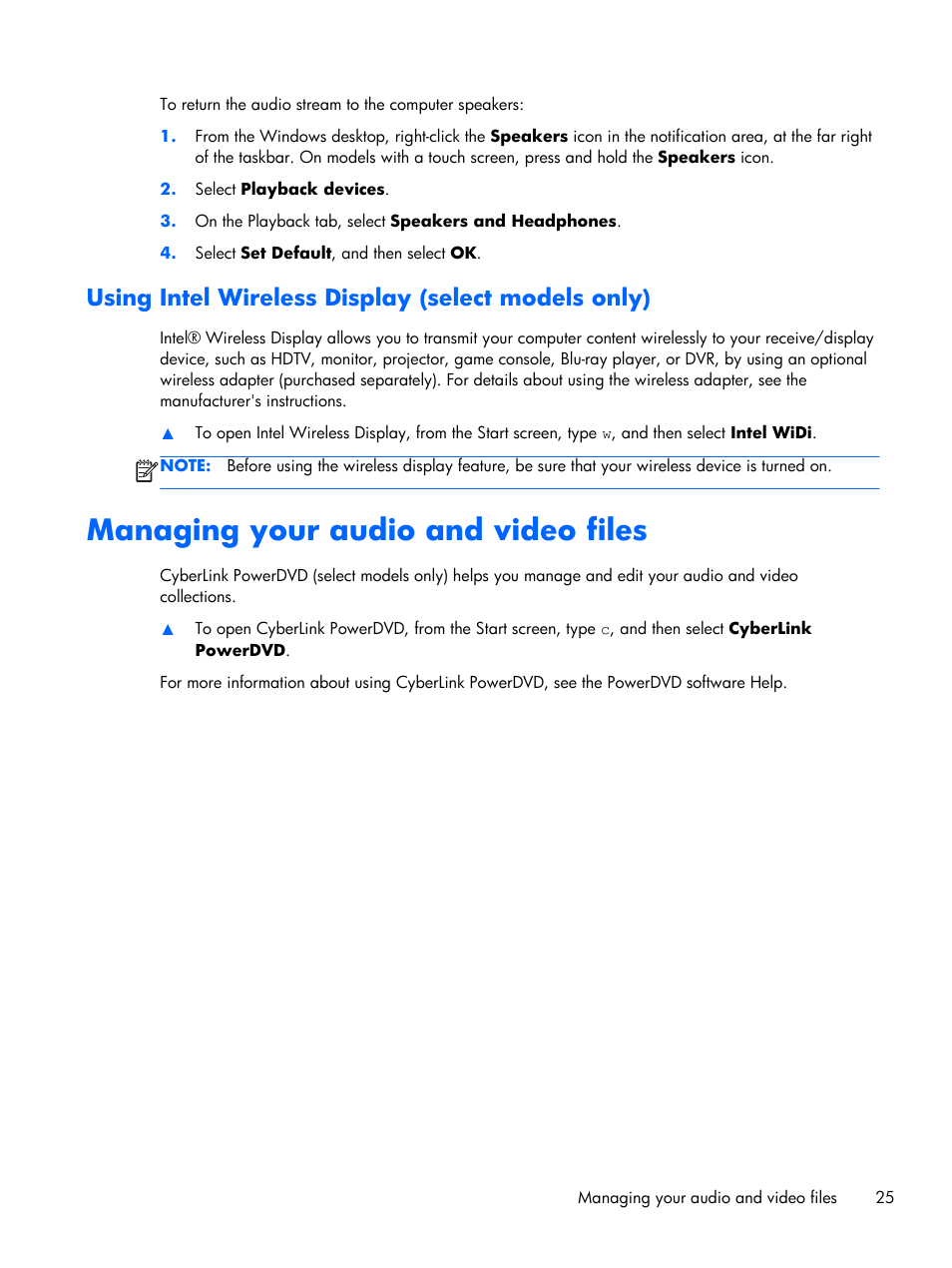 Using intel wireless display (select models only), Managing your audio and video files | HP Pavilion Sleekbook 15-b041dx User Manual | Page 35 / 86