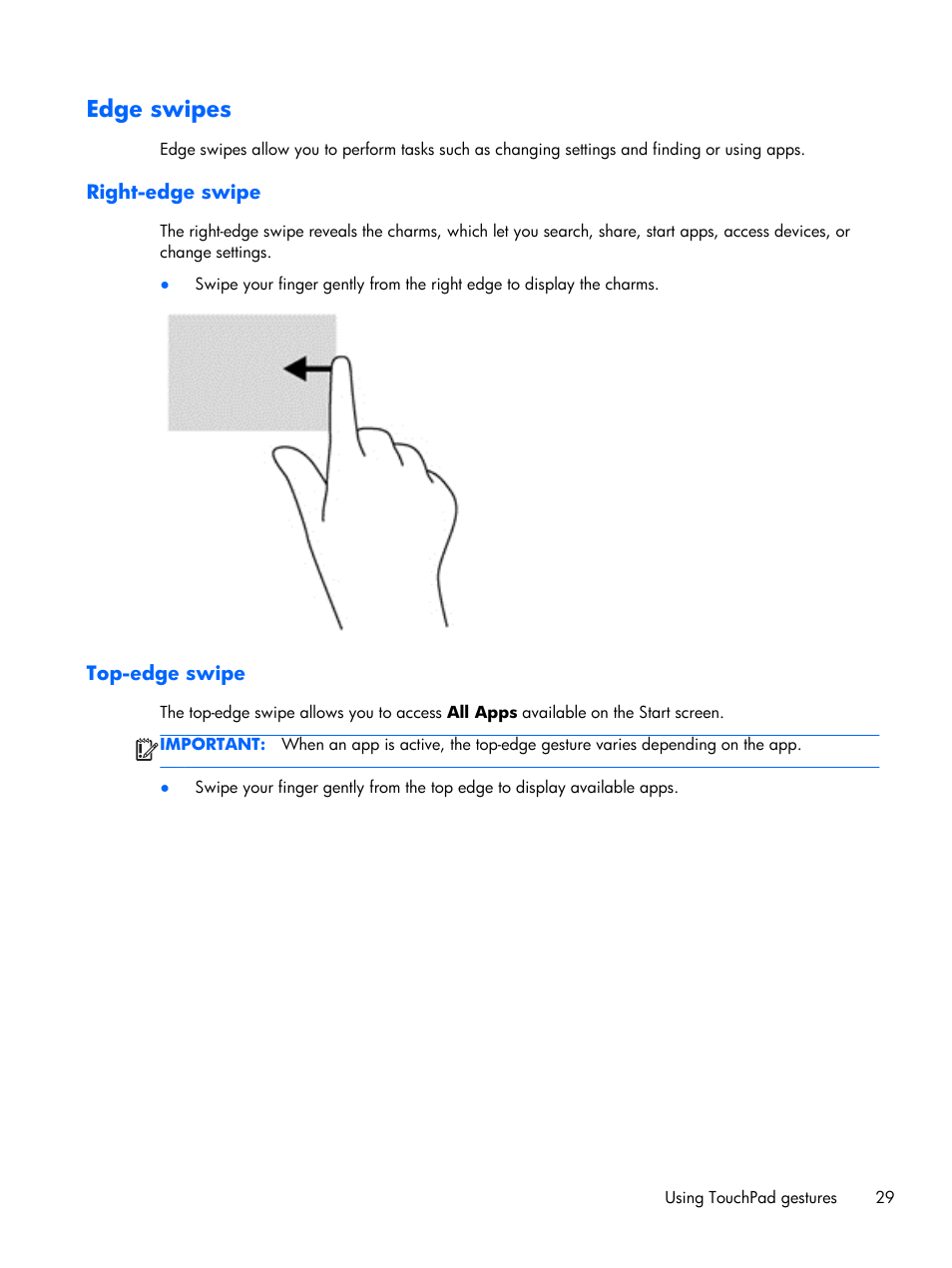 Edge swipes, Right-edge swipe, Top-edge swipe | Right-edge swipe top-edge swipe | HP Pavilion Sleekbook 15-b041dx User Manual | Page 39 / 86