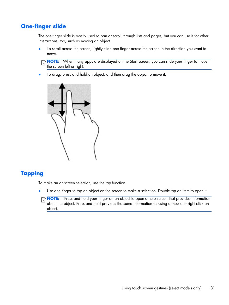 One-finger slide, Tapping, One-finger slide tapping | HP Pavilion Sleekbook 15-b041dx User Manual | Page 41 / 86