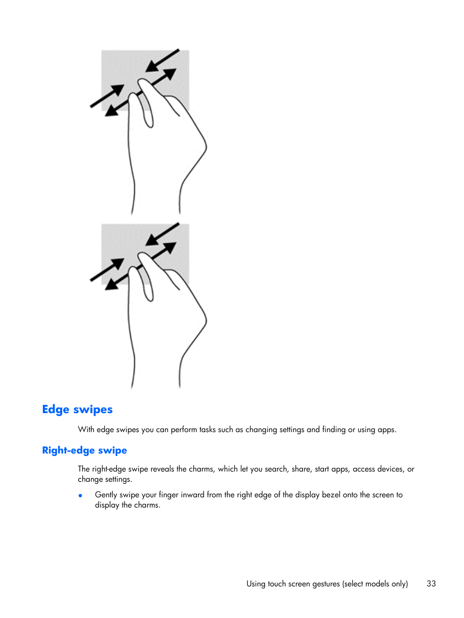 Edge swipes, Right-edge swipe | HP Pavilion Sleekbook 15-b041dx User Manual | Page 43 / 86