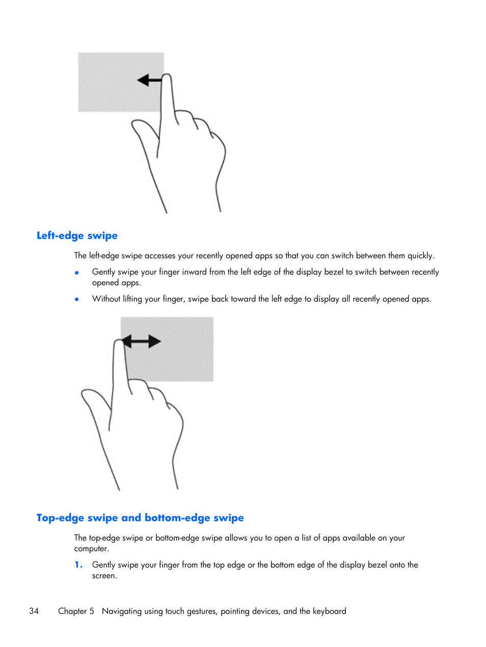 Left-edge swipe, Top-edge swipe and bottom-edge swipe | HP Pavilion Sleekbook 15-b041dx User Manual | Page 44 / 86