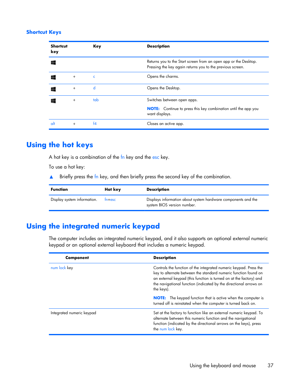 Using the hot keys, Using the integrated numeric keypad | HP Pavilion Sleekbook 15-b041dx User Manual | Page 47 / 86