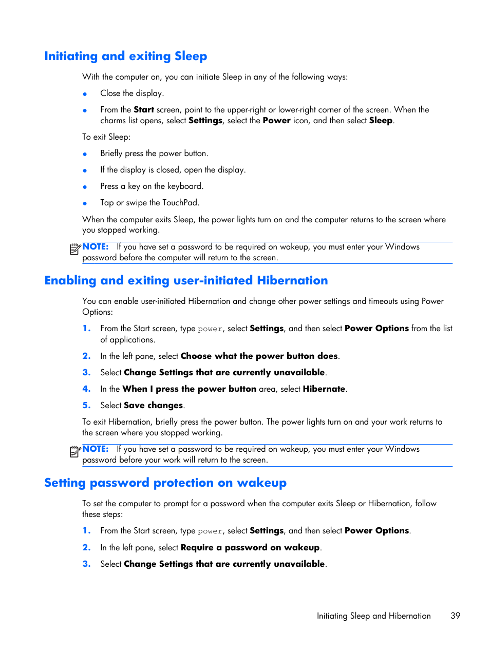 Initiating and exiting sleep, Enabling and exiting user-initiated hibernation, Setting password protection on wakeup | Initiating and exiting | HP Pavilion Sleekbook 15-b041dx User Manual | Page 49 / 86