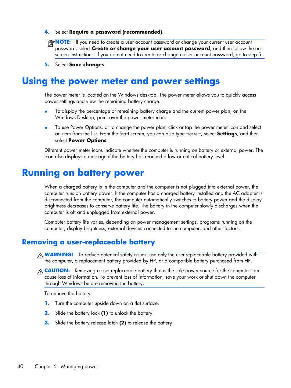 Using the power meter and power settings, Running on battery power, Removing a user-replaceable battery | HP Pavilion Sleekbook 15-b041dx User Manual | Page 50 / 86