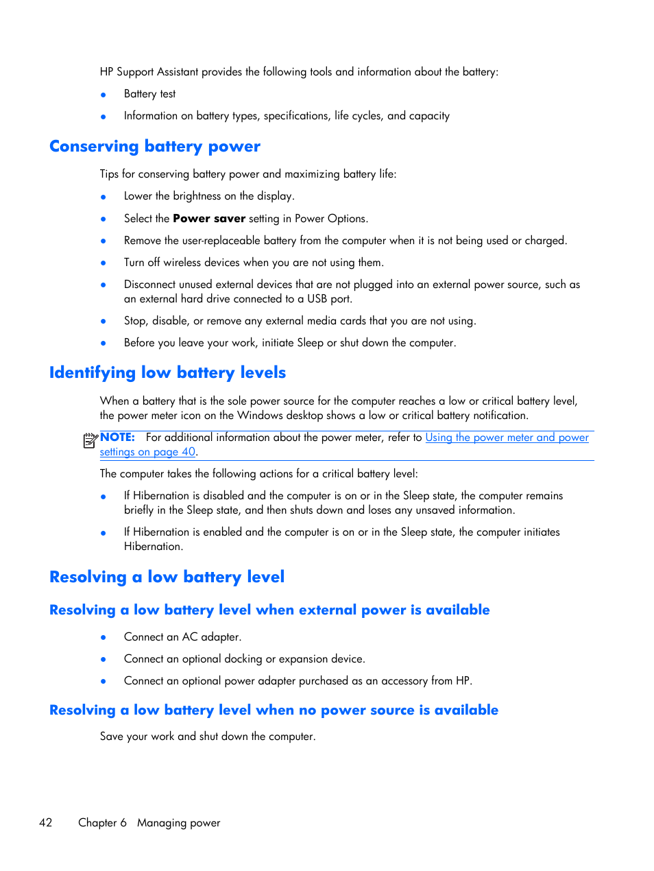 Conserving battery power, Identifying low battery levels, Resolving a low battery level | HP Pavilion Sleekbook 15-b041dx User Manual | Page 52 / 86