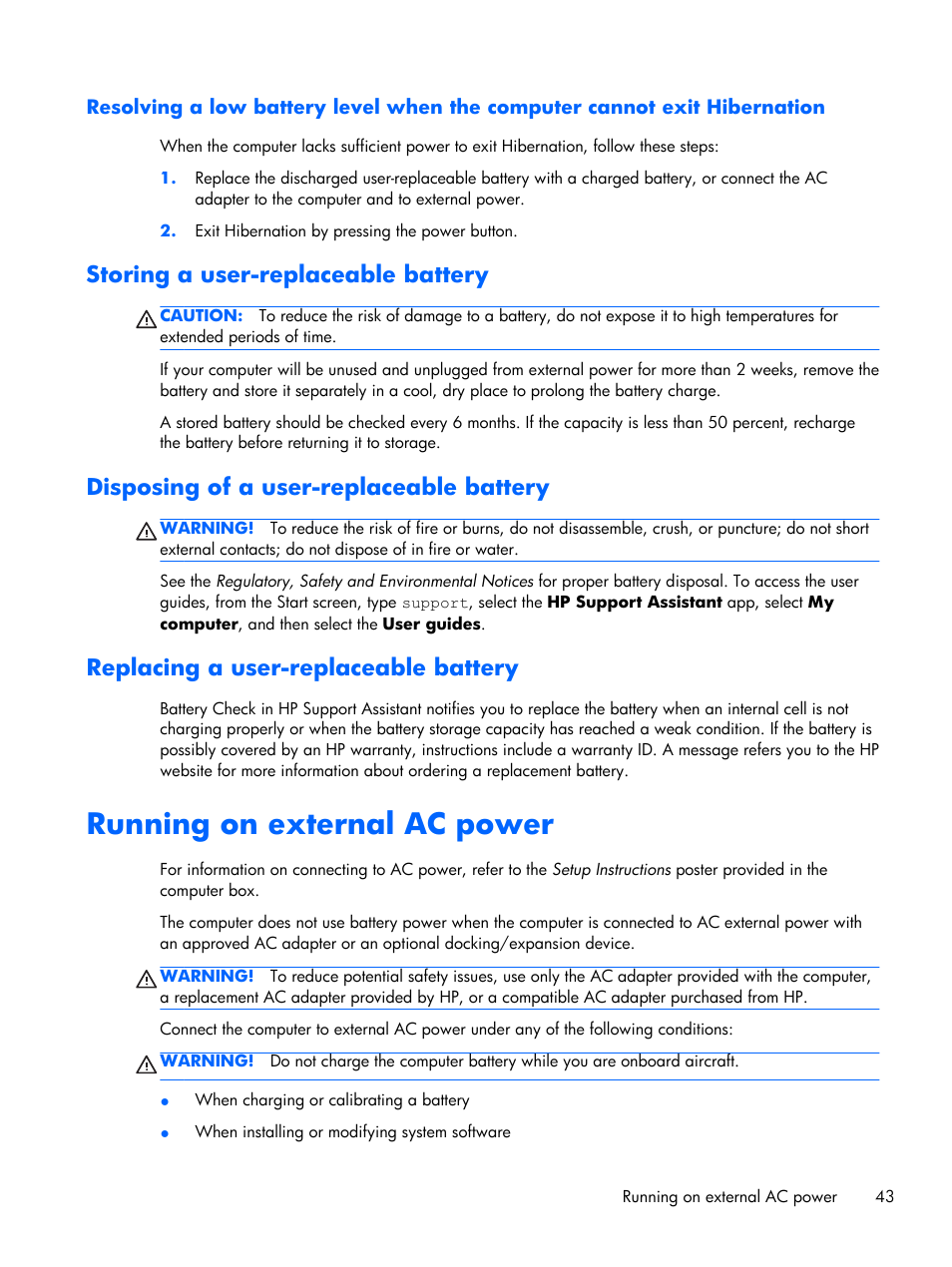 Storing a user-replaceable battery, Disposing of a user-replaceable battery, Replacing a user-replaceable battery | Running on external ac power | HP Pavilion Sleekbook 15-b041dx User Manual | Page 53 / 86