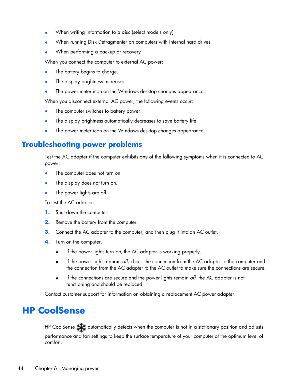 Troubleshooting power problems, Hp coolsense | HP Pavilion Sleekbook 15-b041dx User Manual | Page 54 / 86