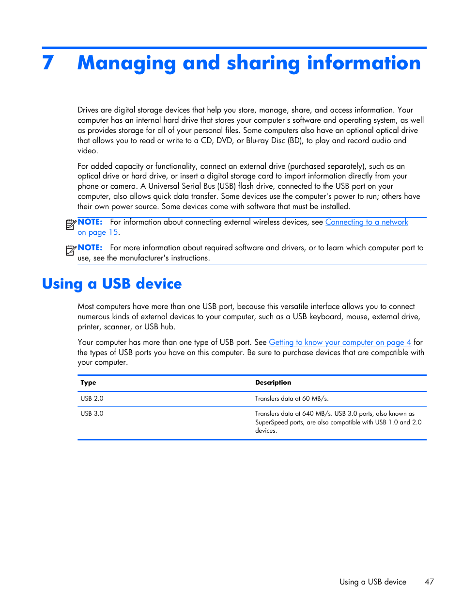 Managing and sharing information, Using a usb device, 7 managing and sharing information | HP Pavilion Sleekbook 15-b041dx User Manual | Page 57 / 86