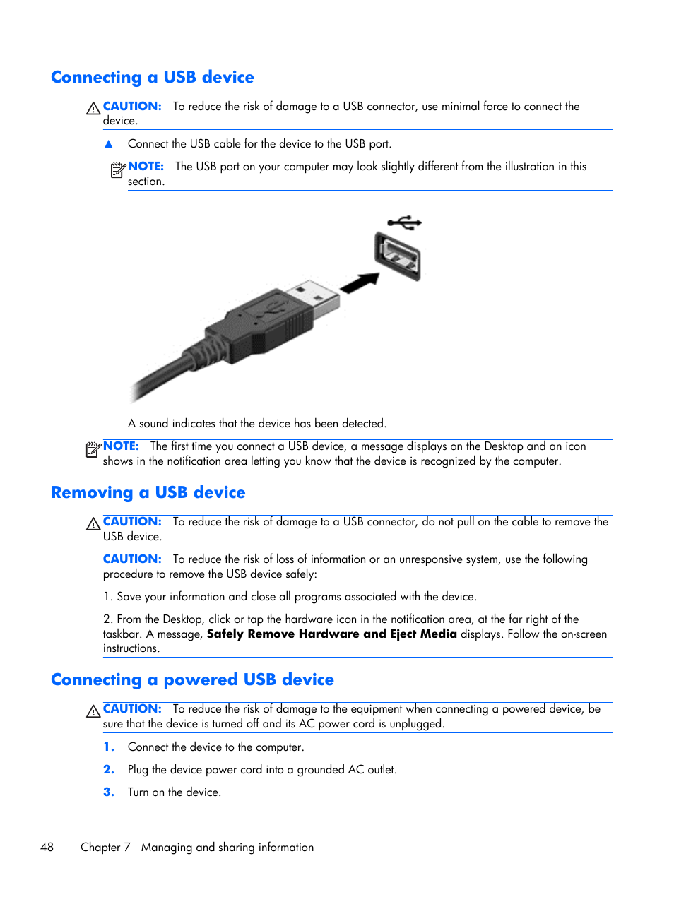 Connecting a usb device, Removing a usb device, Connecting a powered usb device | HP Pavilion Sleekbook 15-b041dx User Manual | Page 58 / 86