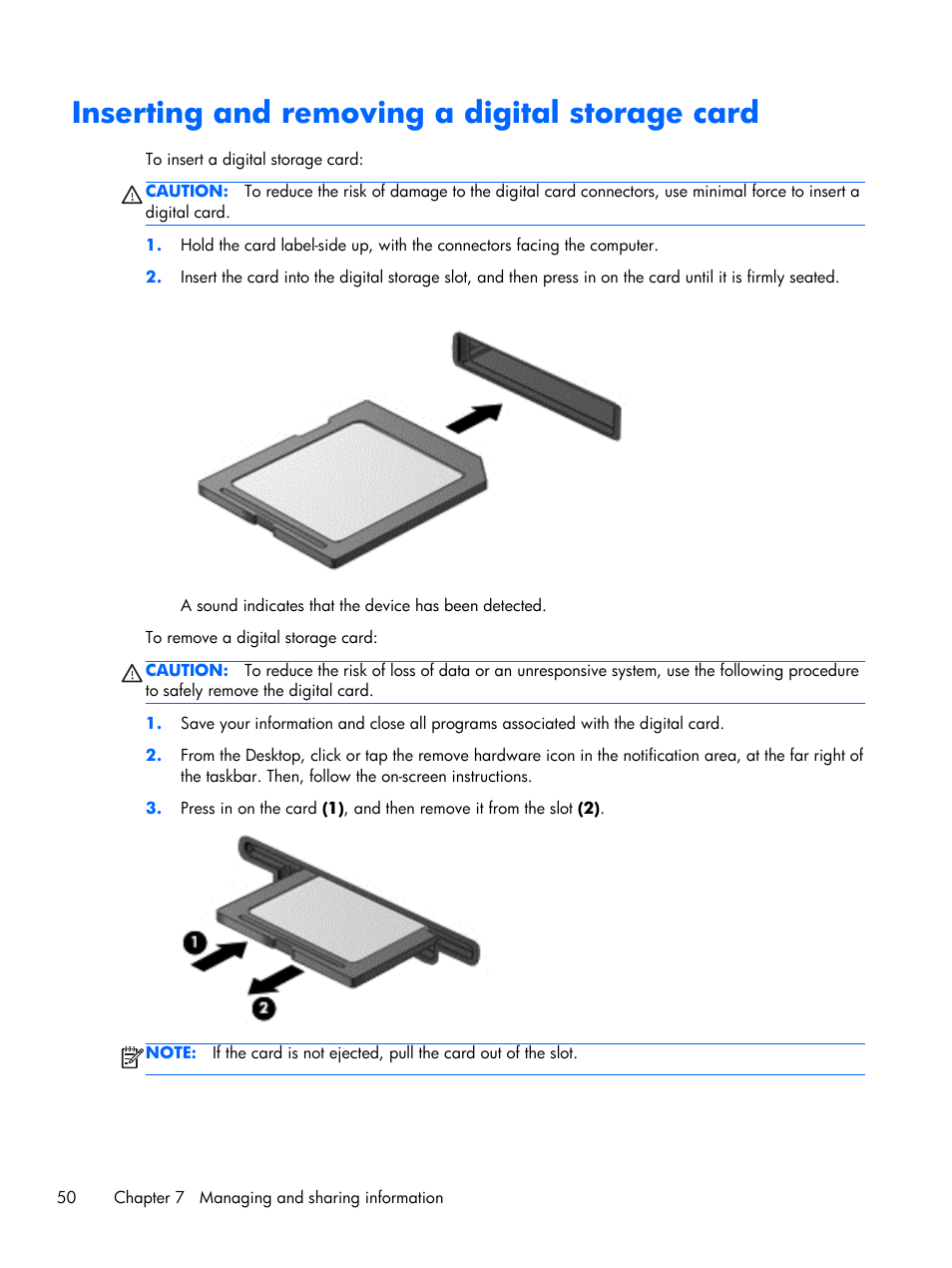 Inserting and removing a digital storage card | HP Pavilion Sleekbook 15-b041dx User Manual | Page 60 / 86