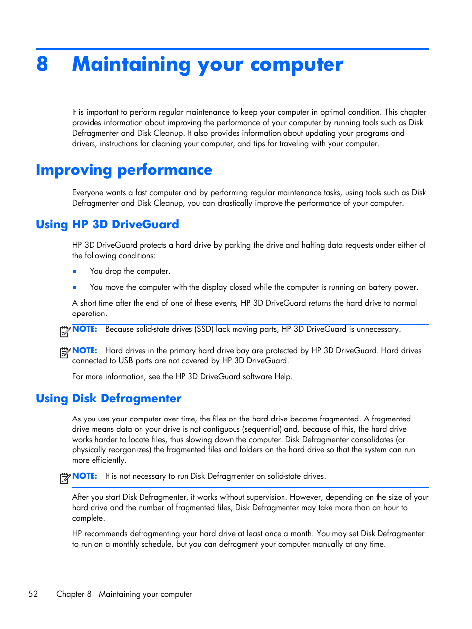 Maintaining your computer, Improving performance, Using hp 3d driveguard | Using disk defragmenter, 8 maintaining your computer, Using hp 3d driveguard using disk defragmenter | HP Pavilion Sleekbook 15-b041dx User Manual | Page 62 / 86