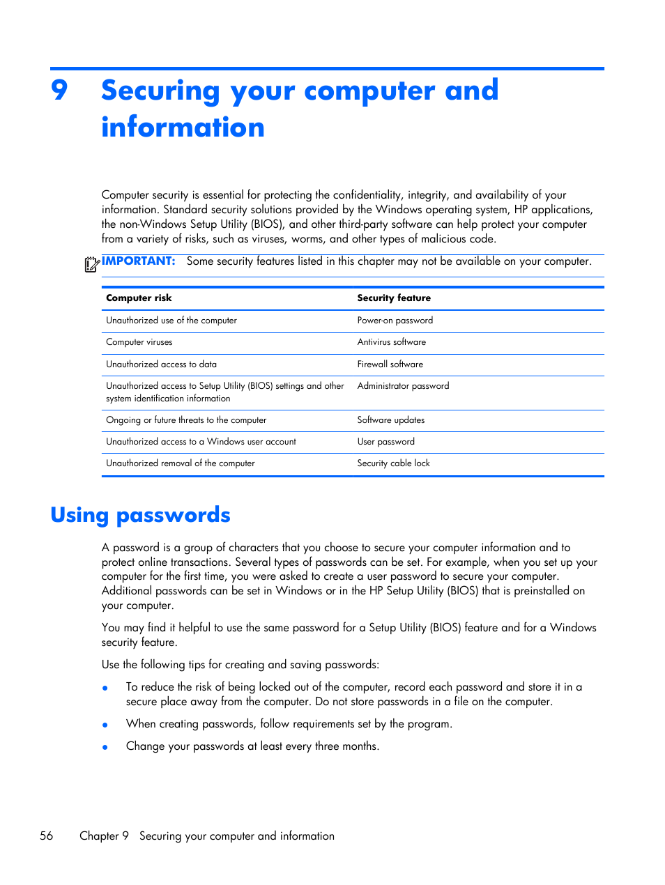 Securing your computer and information, Using passwords, 9 securing your computer and information | HP Pavilion Sleekbook 15-b041dx User Manual | Page 66 / 86