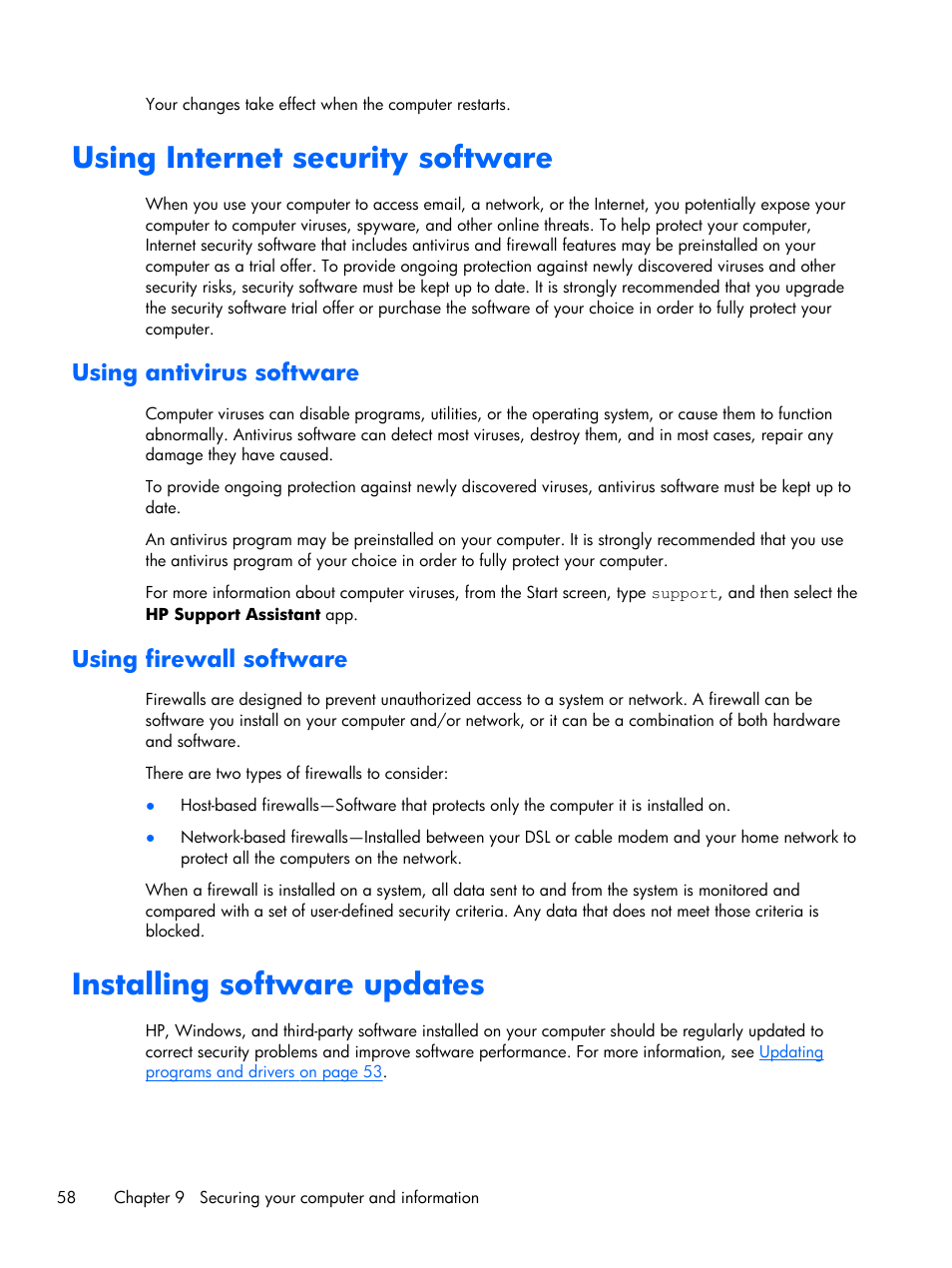 Using internet security software, Using antivirus software, Using firewall software | Installing software updates, Using antivirus software using firewall software | HP Pavilion Sleekbook 15-b041dx User Manual | Page 68 / 86