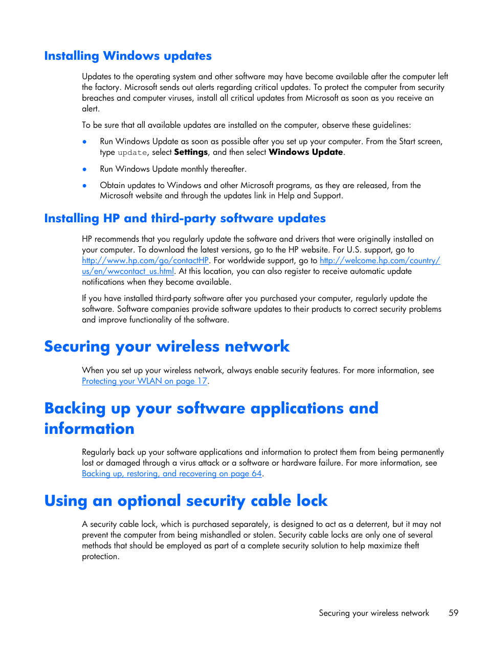 Installing windows updates, Installing hp and third-party software updates, Securing your wireless network | Using an optional security cable lock | HP Pavilion Sleekbook 15-b041dx User Manual | Page 69 / 86