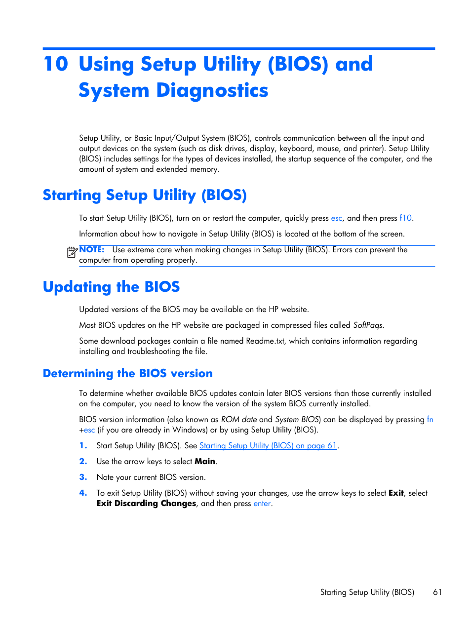 Using setup utility (bios) and system diagnostics, Starting setup utility (bios), Updating the bios | Determining the bios version, Starting setup utility (bios) updating the bios | HP Pavilion Sleekbook 15-b041dx User Manual | Page 71 / 86