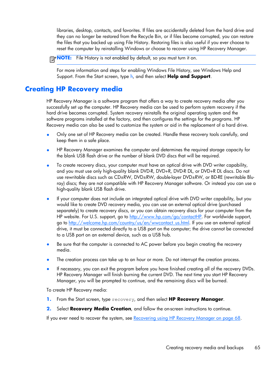 Creating hp recovery media | HP Pavilion Sleekbook 15-b041dx User Manual | Page 75 / 86