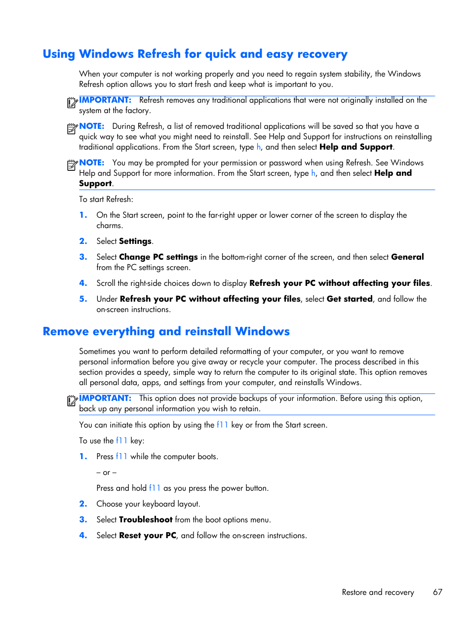 Using windows refresh for quick and easy recovery, Remove everything and reinstall windows | HP Pavilion Sleekbook 15-b041dx User Manual | Page 77 / 86