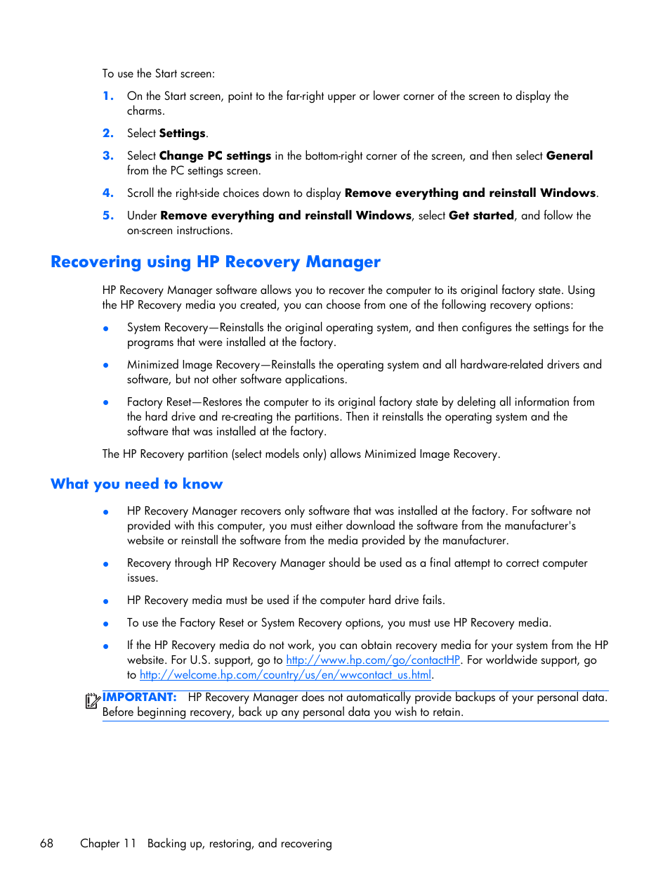 Recovering using hp recovery manager, What you need to know, Recovering using | Recovering using hp | HP Pavilion Sleekbook 15-b041dx User Manual | Page 78 / 86