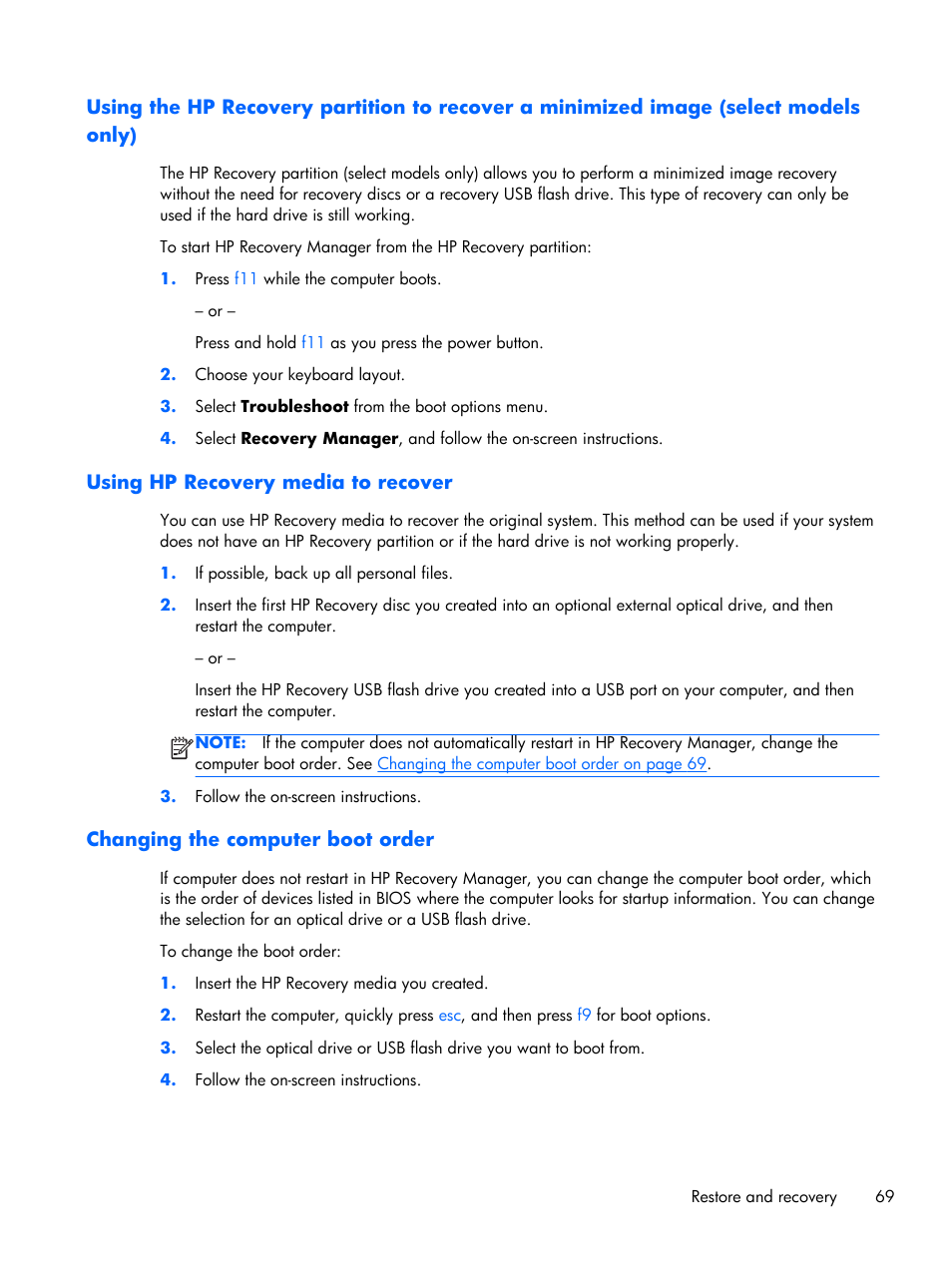 Using hp recovery media to recover, Changing the computer boot order | HP Pavilion Sleekbook 15-b041dx User Manual | Page 79 / 86