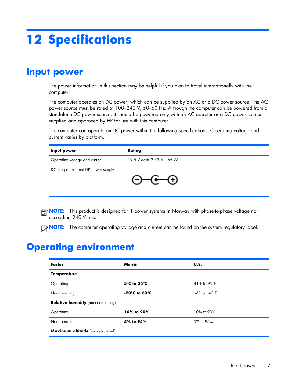 Specifications, Input power, Operating environment | 12 specifications, Input power operating environment | HP Pavilion Sleekbook 15-b041dx User Manual | Page 81 / 86