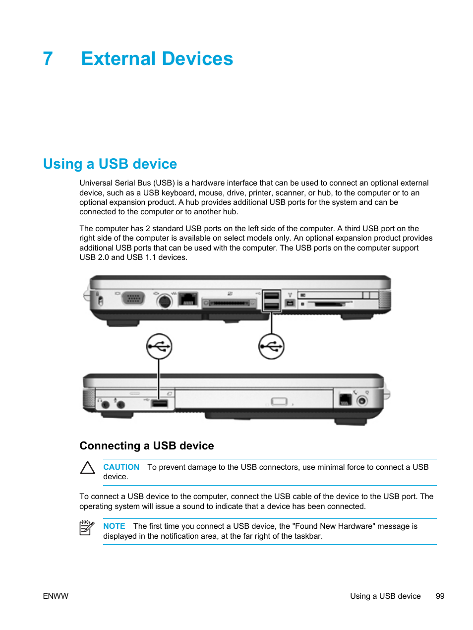 External devices, Using a usb device, Connecting a usb device | 7 external devices, 7external devices | HP Compaq Presario V5224TU Notebook PC User Manual | Page 109 / 180