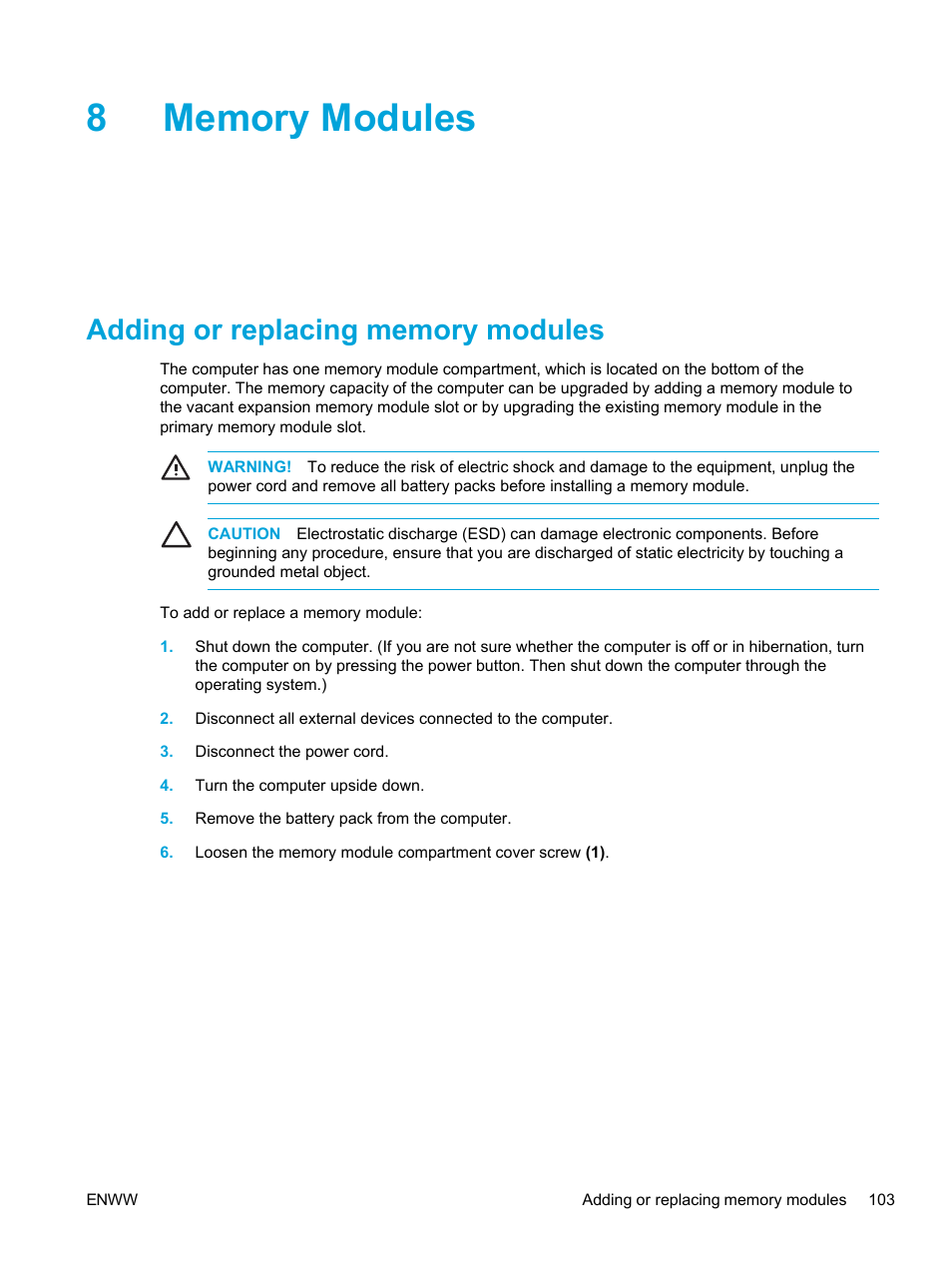 Memory modules, Adding or replacing memory modules, 8 memory modules | HP Compaq Presario V5224TU Notebook PC User Manual | Page 113 / 180