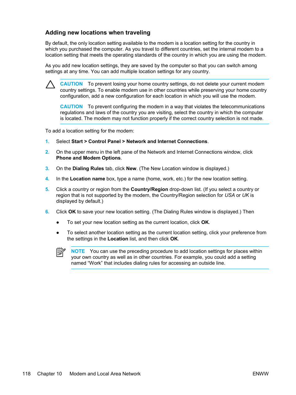 Adding new locations when traveling | HP Compaq Presario V5224TU Notebook PC User Manual | Page 128 / 180