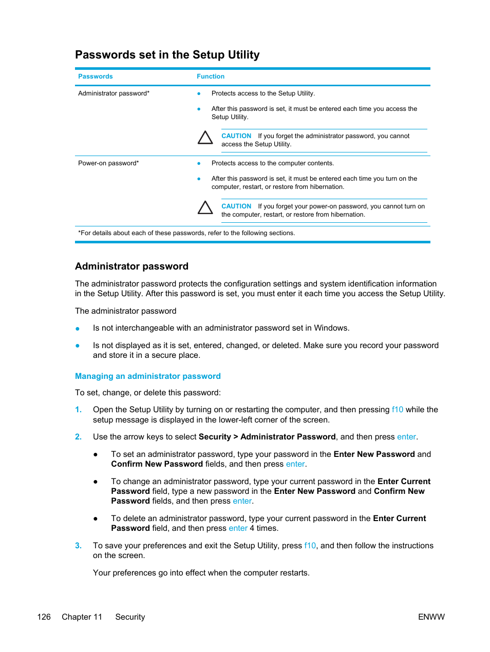 Passwords set in the setup utility, Administrator password, Managing an administrator password | HP Compaq Presario V5224TU Notebook PC User Manual | Page 136 / 180