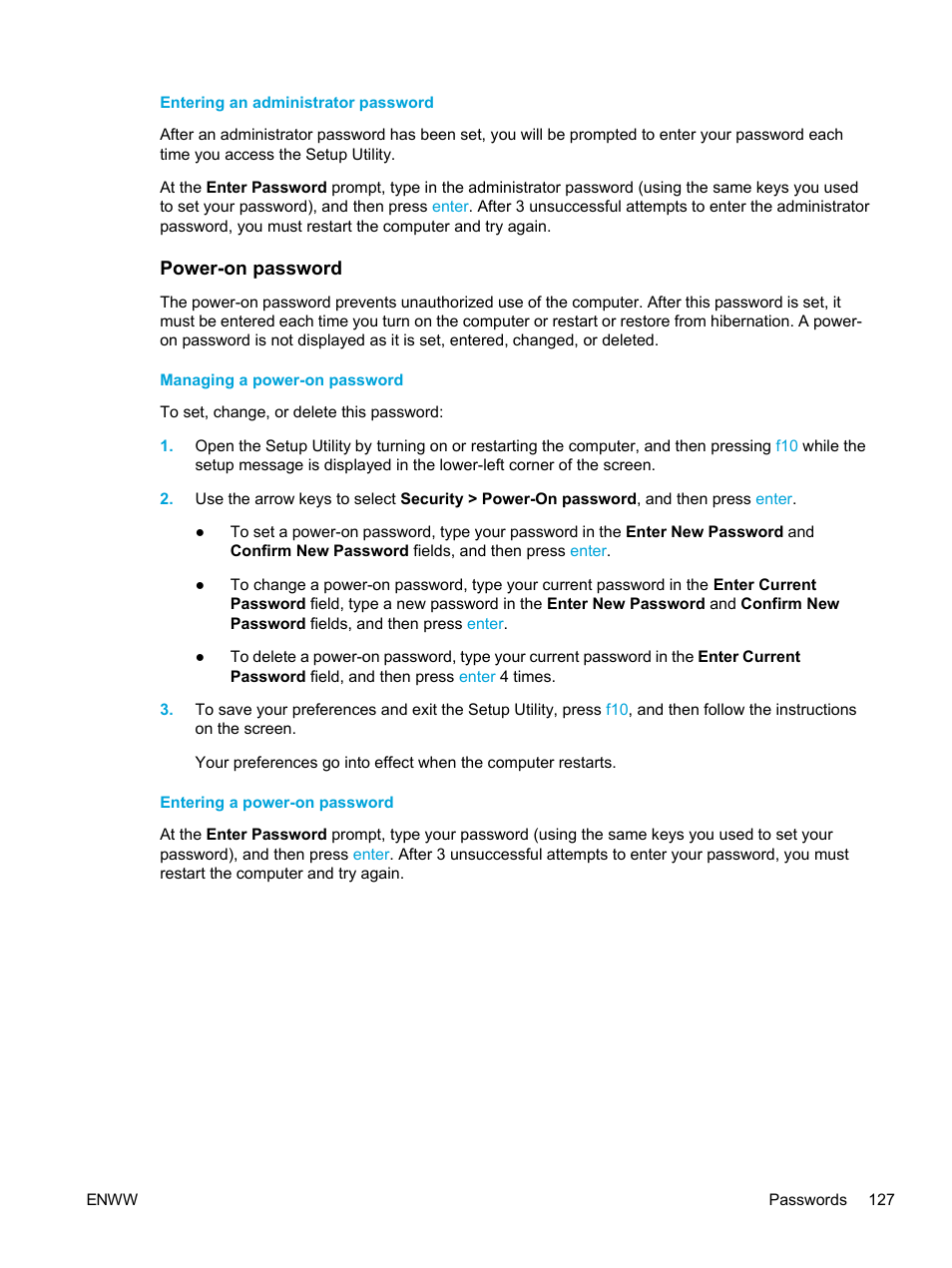 Entering an administrator password, Power-on password, Managing a power-on password | Entering a power-on password | HP Compaq Presario V5224TU Notebook PC User Manual | Page 137 / 180