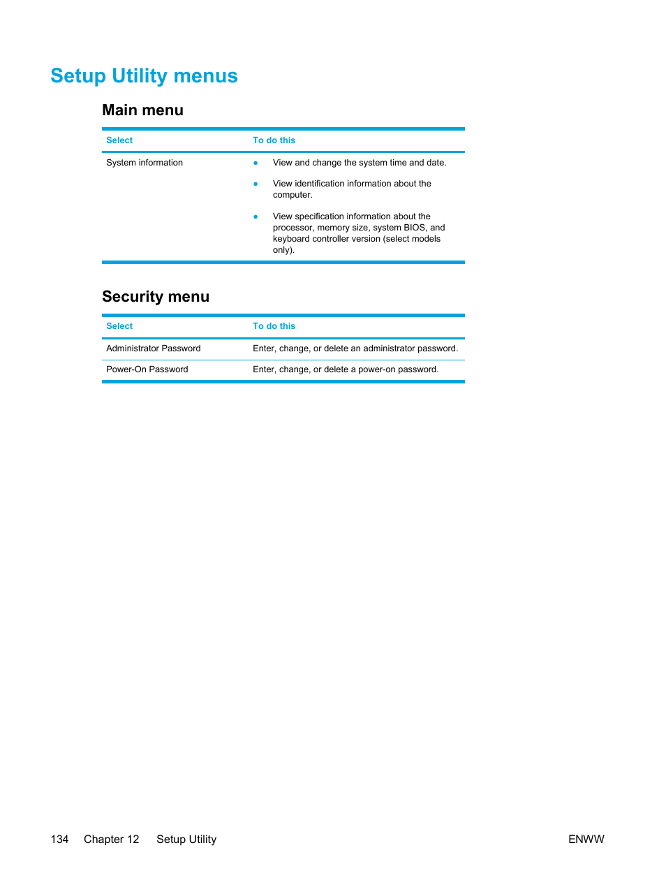 Setup utility menus, Main menu, Security menu | Main menu security menu | HP Compaq Presario V5224TU Notebook PC User Manual | Page 144 / 180