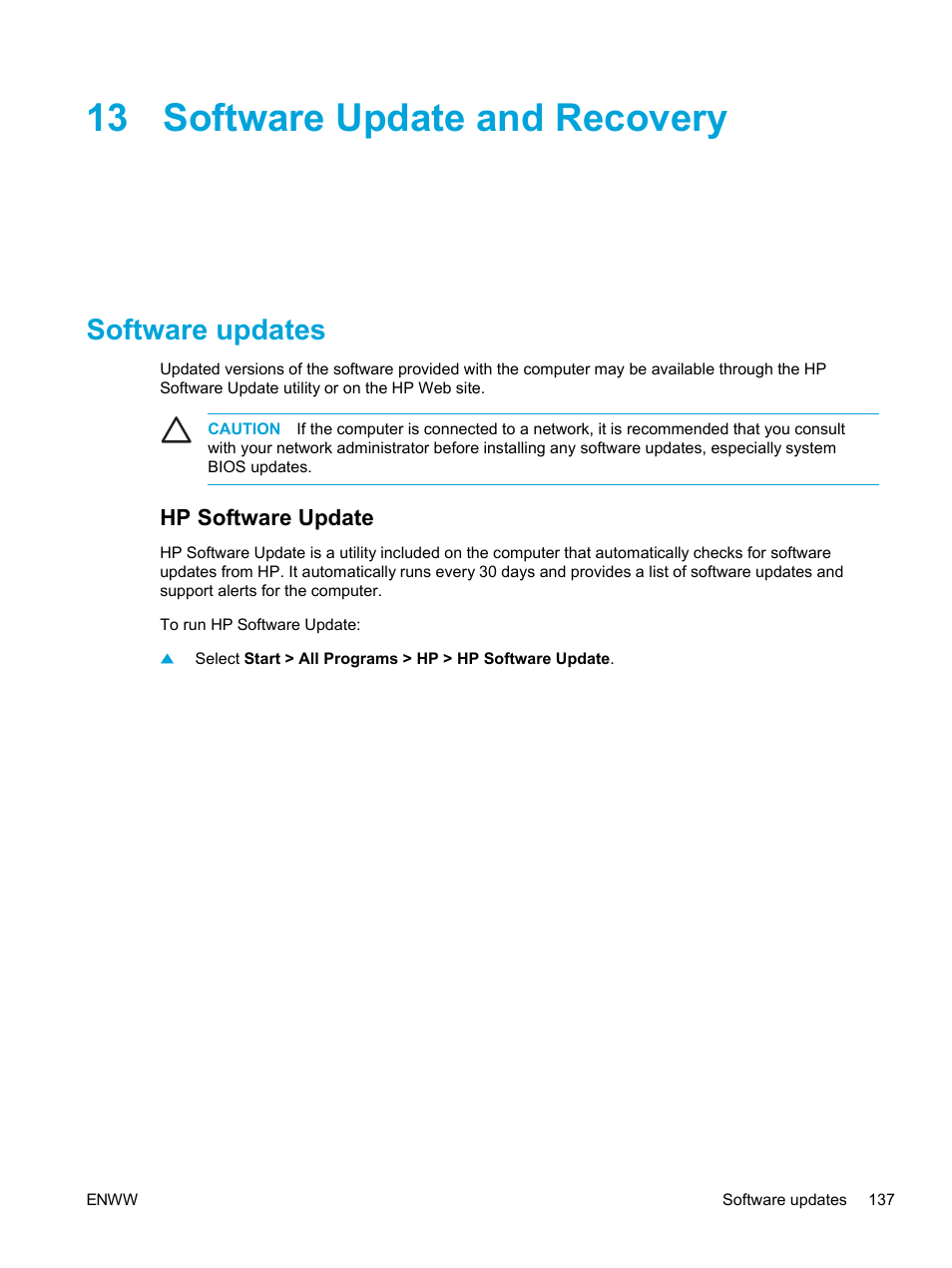 Software update and recovery, Software updates, Hp software update | 13 software update and recovery | HP Compaq Presario V5224TU Notebook PC User Manual | Page 147 / 180